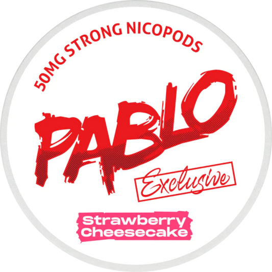 PABLO Exclusive Strawberry Cheesecake Nikotinsäckchen 50mg stark im runden Dosen-Design in weiß und rot