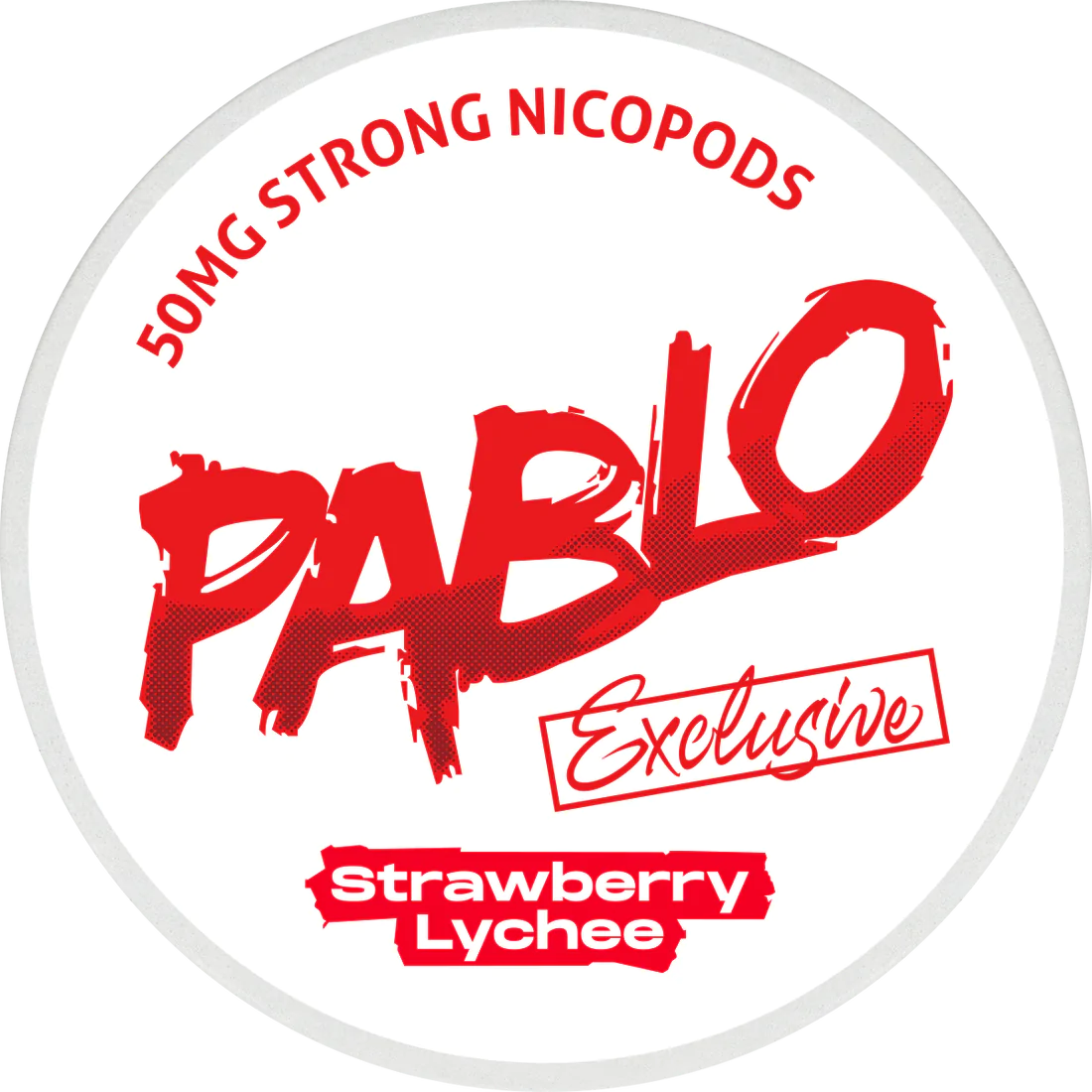 Weiße Dose mit rotem Schriftzug PABLO Exclusive und Geschmack Strawberry Lychee für Nikotinsäckchen