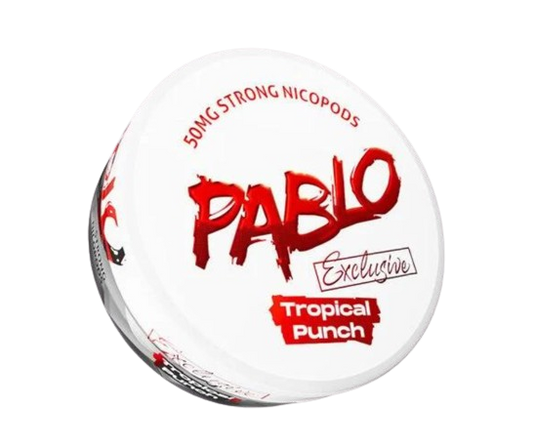 Weiße Dose PABLO EXCLUSIVE TROPICAL PUNCH Nikotinbeutel mit tropischem Geschmack und 50 mg Nikotingehalt pro Gramm.