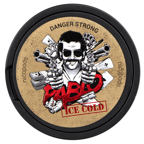 Dose PABLO ICE COLD mit starkem Nikotingehalt, stylisches Design mit Pistolen und Karten, exklusiv von Pablo.
