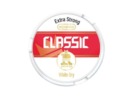 ROYAL LIFESTYLE CLASSIC ORIGINAL-White Dry Snus Dose mit frischem Spearmint Geschmack und extra starken Portionen.