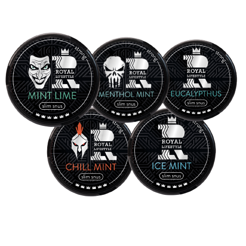 ROYAL LIFESTYLE STRONG MIXPACK mit fünf Sorten Slim Snus in Mint, Limette, Menthol, Eukalyptus und Chill Mint Geschmack.