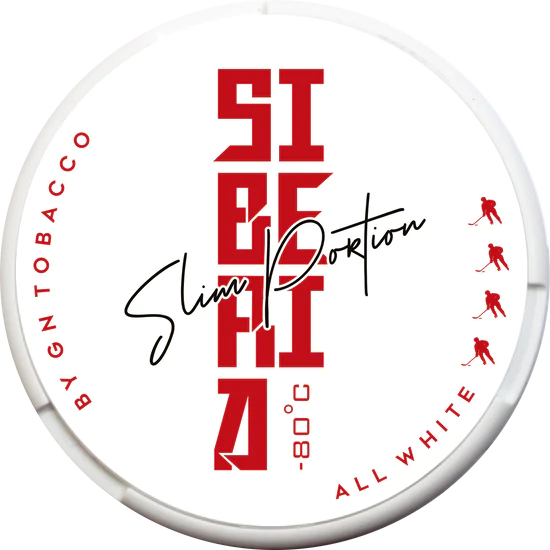 Weiße Dose des SIBERIA ALL WHITE SLIM PORTION Snus mit rotem Schriftzug und Eishockey-Symbolen auf dem Deckel