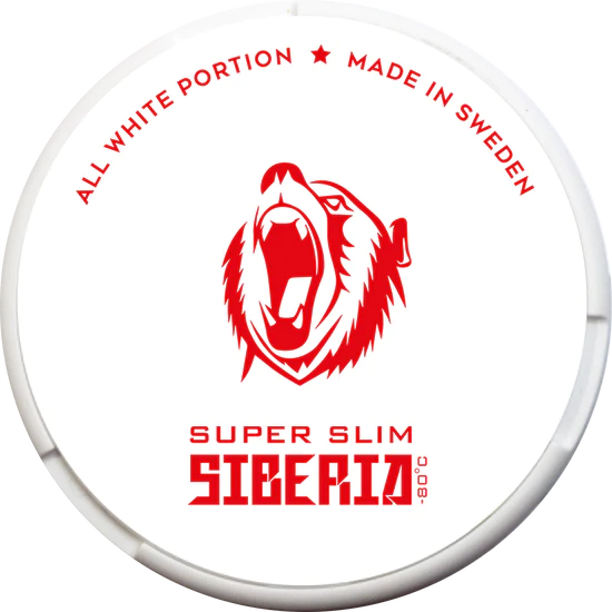 Weiße Dose des SIBERIA ALL WHITE SUPER SLIM Snus mit rotem Bärenlogo und schwedischer Herkunft.