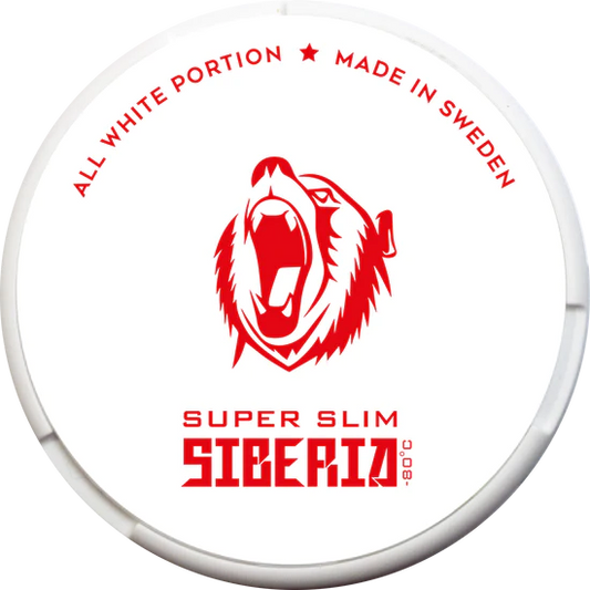 Weiße Dose des SIBERIA ALL WHITE SUPER SLIM Snus mit rotem Bärenlogo und schwedischer Herkunft.