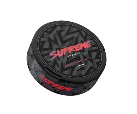 Runde Dose Supreme Currant Mix Snus mit stilvollem schwarzem Design und Beerenmischung für intensiven Geschmack.