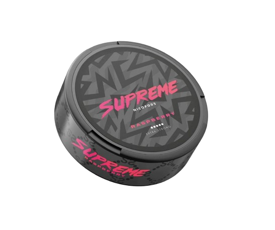 Dose Supreme Raspberry Snus mit Himbeergeschmack und 50 mg Nikotin, 20 Pouches, für erfahrene Nutzer.