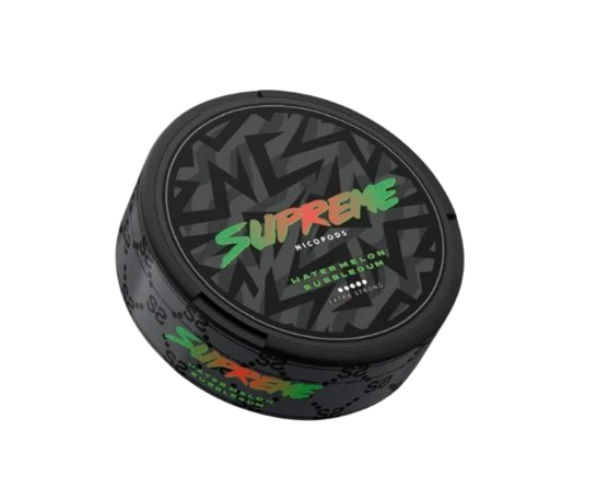 Schwarze Dose Supreme Watermelon Bubblegum Snus mit fruchtigem Wassermelonen- und Bubblegum-Geschmack, 50 mg Nikotin.