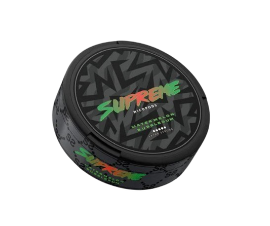 Schwarze Dose Supreme Watermelon Bubblegum Snus mit fruchtigem Wassermelonen- und Bubblegum-Geschmack, 50 mg Nikotin.