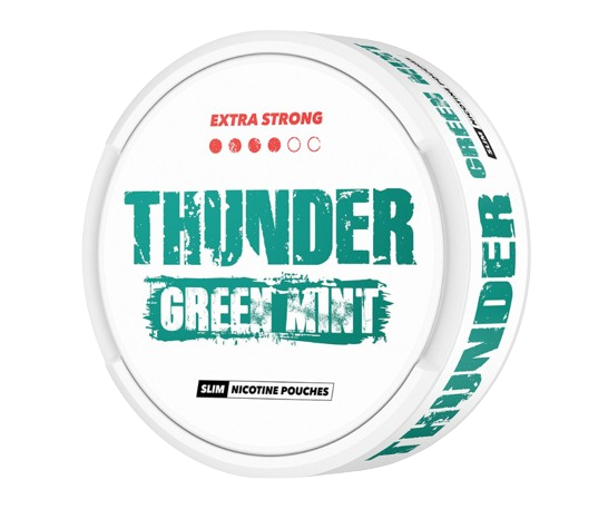 Weiße Dose mit THUNDER GREEN MINT Slim Nikotinpouches, extra stark mit Menthol- und Eukalyptusgeschmack aus Dänemark.