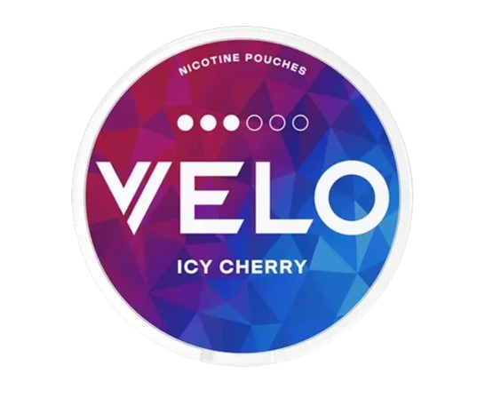 Runde Dose VELO ICY CHERRY mit Kirschgeschmack und starkem Nikotingehalt in modernem blau-rotem Design