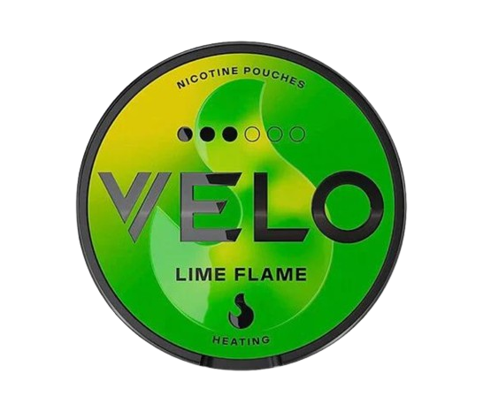 Runde Dose VELO LIME FLAME mit Limettengeschmack, 20 Nikotinbeutel, hergestellt von Velo in Schweden.