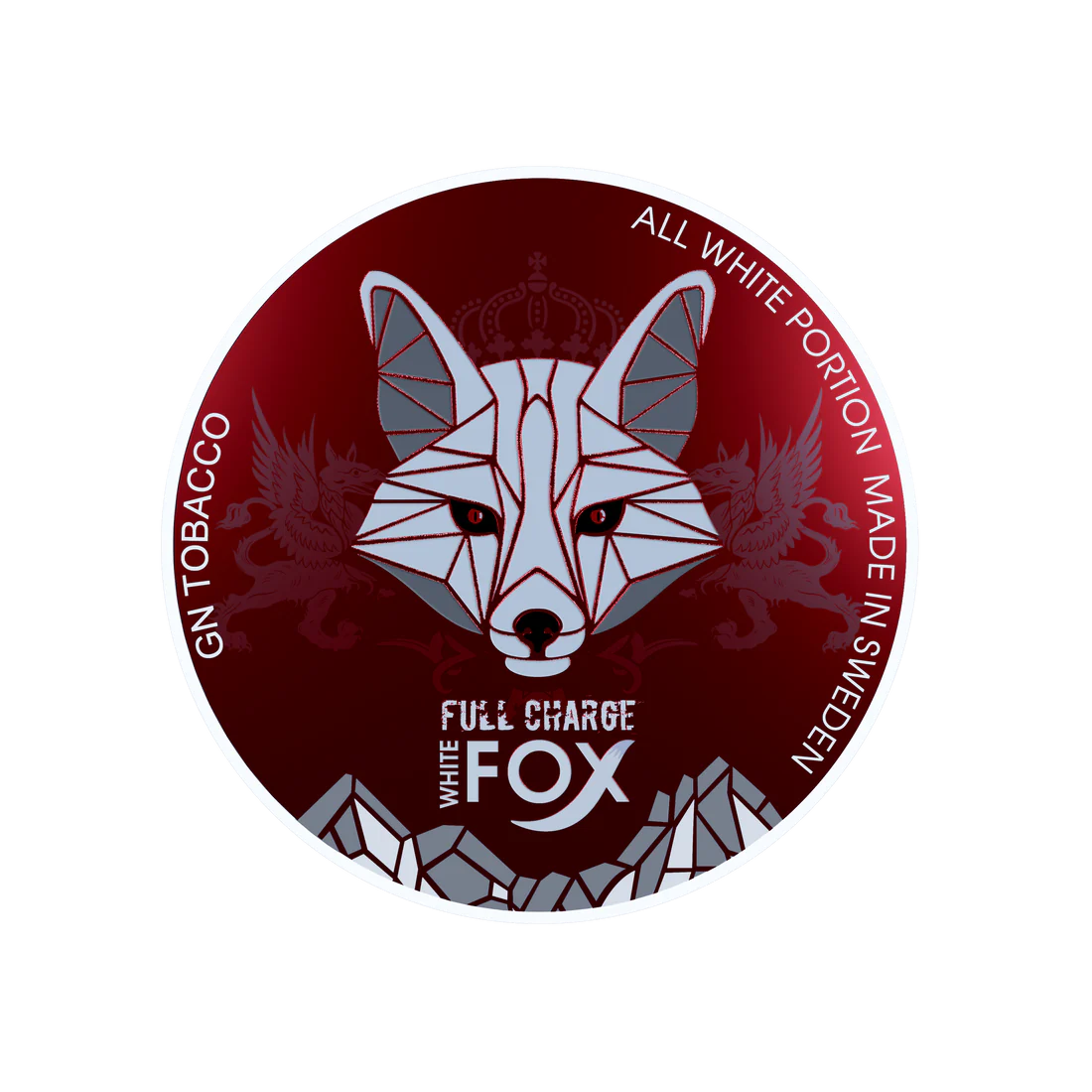 Rundes Dosenetikett von WHITE FOX FULL CHARGE mit geometrischem Fuchs und Schriftzug auf rotem Hintergrund aus Schweden.