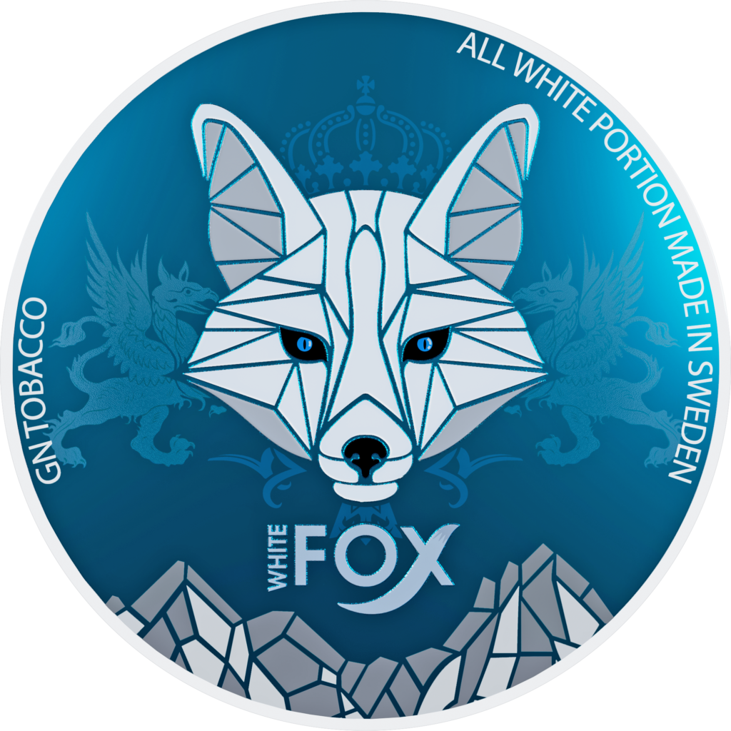 Weiße Dose WHITE FOX BLUE mit stilisiertem Fuchskopf und Bergen, tabakfreies Nikotinprodukt aus Schweden