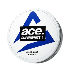 Runde Dose ACE COOL MINT Nikotinbeutel in weißer Verpackung mit blauem Design, Geschmack kühle Minze, 16mg Nikotin.