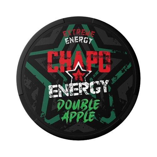 Runde Dose CHAPO ENERGY DOUBLE APPLE mit energiegeladenem Design und doppeltem Apfelgeschmack.