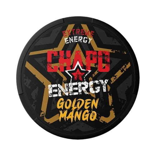 Runde Dose CHAPO ENERGY GOLDEN MANGO mit tropischem Mangogeschmack und energiereichem Design in Schwarz und Gold.