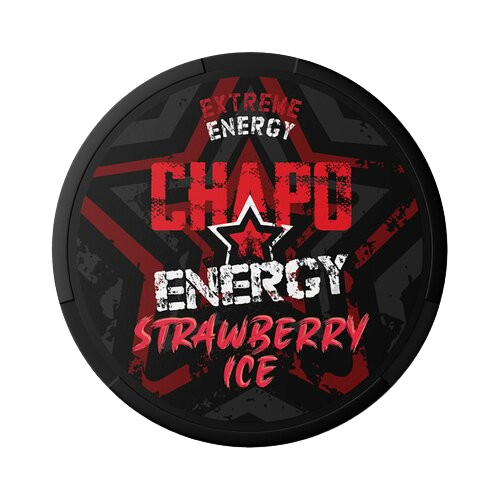 Runde Dose CHAPO ENERGY Strawberry Ice mit auffälligem roten und weißen Schriftzug und Sternendesign auf schwarzem Hintergrund