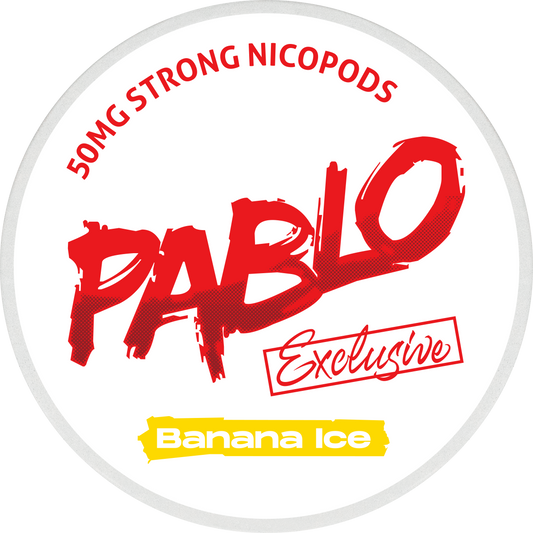 Weiße Dose mit rotem Pablo Exclusive Logo und gelbem Schriftzug Banana Ice für Nikotinbeutel mit 50 mg Stärke