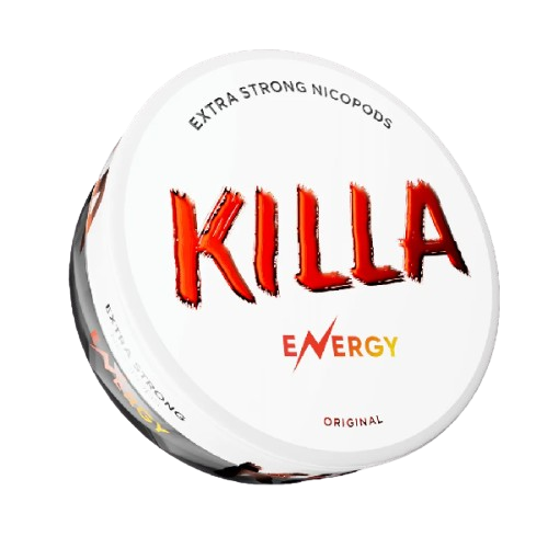 Weiße Dose KILLA ENERGY Nikotinbeutel mit rotem Schriftzug und Hinweis auf extra starke Nikotinstärke