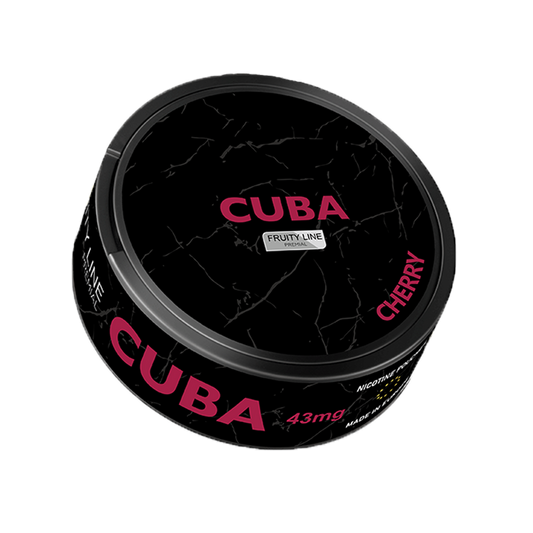 CUBA BLACK CHERRY Nikotinbeutel mit intensivem Kirschgeschmack, 43mg Stärke, schlankes Format, 20 Pouches pro Dose.