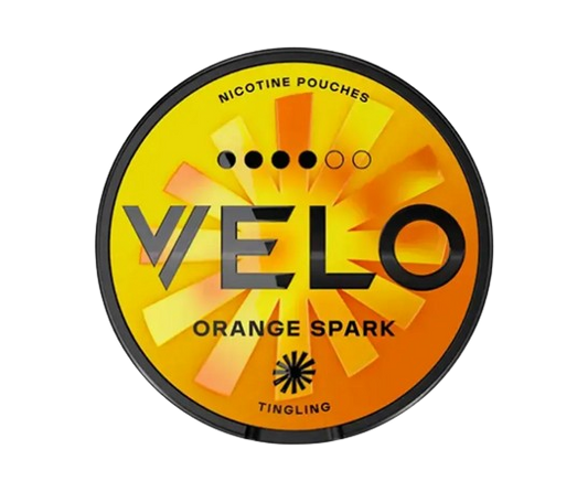Velo Orange Spark Snus Dose mit frischem Orangengeschmack und 15,6 mg/g Nikotin in Slim-Pouches aus Schweden.