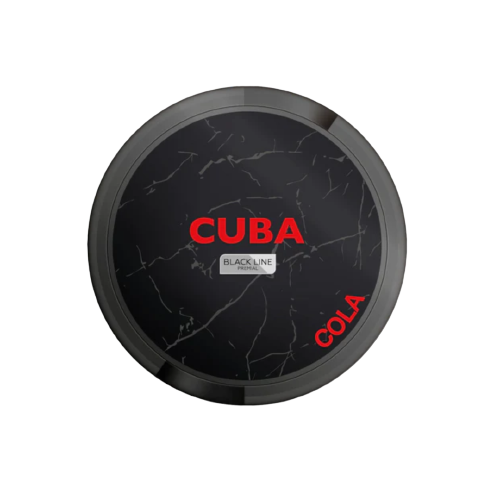 Runde Dose CUBA BLACK COLA Nikotinbeutel in Schwarz mit roter Schrift und Cola-Geschmack für diskreten Genuss.