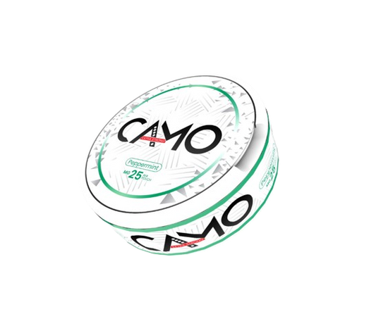 Runde Dose CAMO PEPPERMINT 25mg mit Pfefferminze-Geschmack und 24 starken Nikotin Pouches im Slim Format.