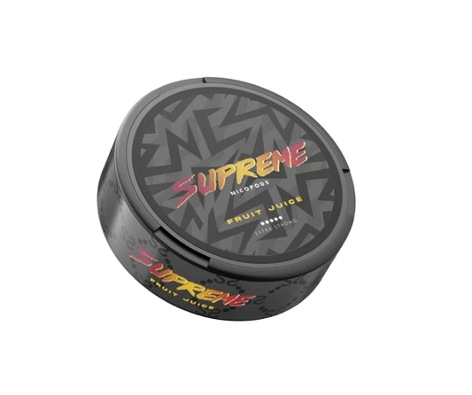 Dose Supreme Fruit Juice Snus mit 20 Beuteln, 50 mg Nikotin, fruchtiger Geschmack, tabakfrei, für erfahrene Nutzer.