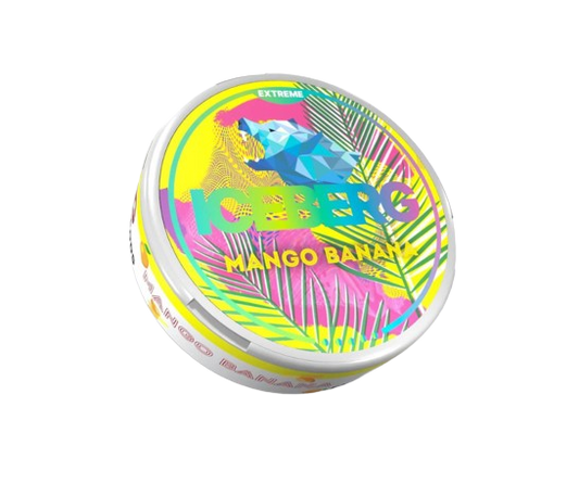 Runde Dose ICEBERG MANGO BANANA mit frischem Mango-Bananen Geschmack und intensivem Nikotinanteil von 50 mg/g.