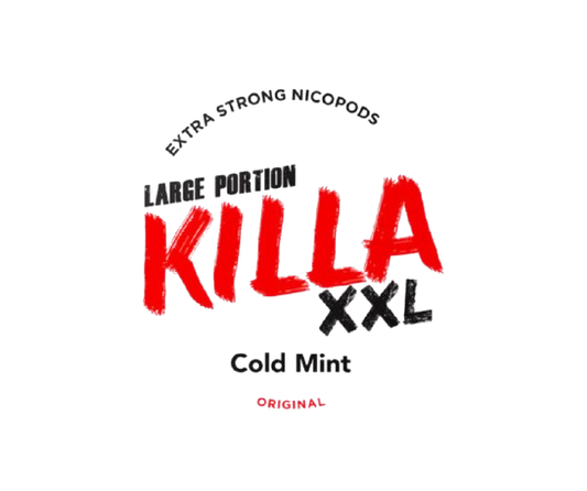 KILLA XXL Cold Mint Logo in kräftigen roten und schwarzen Buchstaben mit erfrischendem Minzgeschmack im Fokus