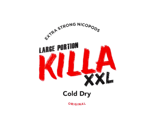 KILLA XXL COLD DRY Logo mit roter Schrift für erfrischende Minznikotinbeutel aus Dänemark, 20 Stück Dose.
