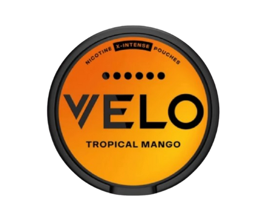 Runde Dose VELO TROPICAL MANGO Nikotinbeutel mit intensivem Mangogeschmack und 17mg Nikotin pro Gramm