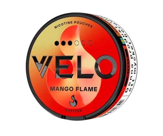 Runde Dose VELO MANGO FLAME Nikotinbeutel im Slim-Format mit Mango-Geschmack und 14,3 mg Nikotin pro Gramm.