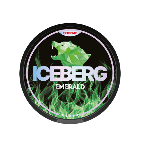 ICEBERG EMERALD Dosenetikett mit grünem Löwenlogo und grünem Flammendesign für starken Nikotingehalt