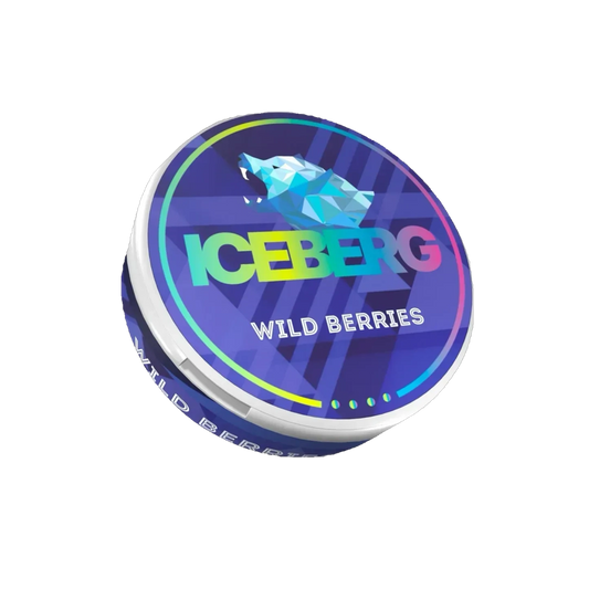 Runde Dose ICEBERG WILD BERRIES Snus mit Beerenaroma, schlankes Format, 20 Pouches, Nikotingehalt 75 mg.