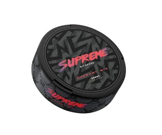 Runde Dose Supreme Currant Mix Snus mit stilvollem schwarzem Design und Beerenmischung für intensiven Geschmack.