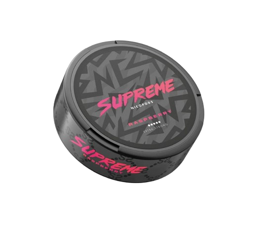 Dose Supreme Raspberry Snus mit Himbeergeschmack und 50 mg Nikotin, 20 Pouches, für erfahrene Nutzer.