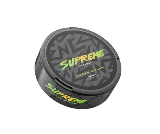 SUPREME SUPER MELON Snus-Dose mit 20 pouches, stark, tabakfrei, mit frischem Supermelonengeschmack im Slim-Format.