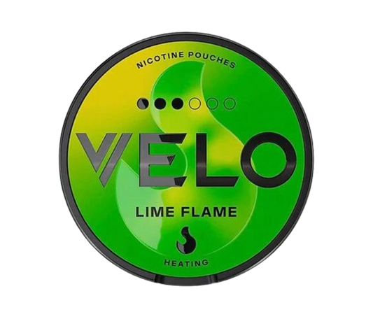 Runde Dose VELO LIME FLAME mit Limettengeschmack, 20 Nikotinbeutel, hergestellt von Velo in Schweden.