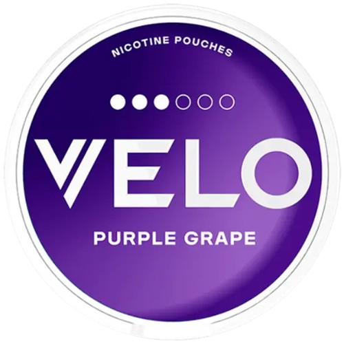 Runde Dose VELO Purple Grape mit Nikotinbeuteln und rotem Traubengeschmack in schlankem Format