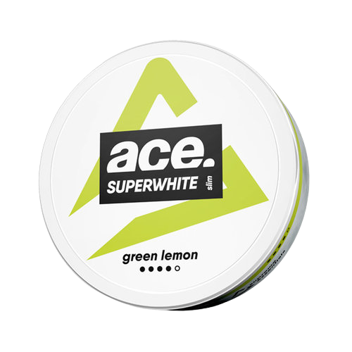 Runde Dose ACE GREEN LEMON Snus mit grünem Zitronen-Design und schwarzem Superwhite Logo auf weißem Hintergrund